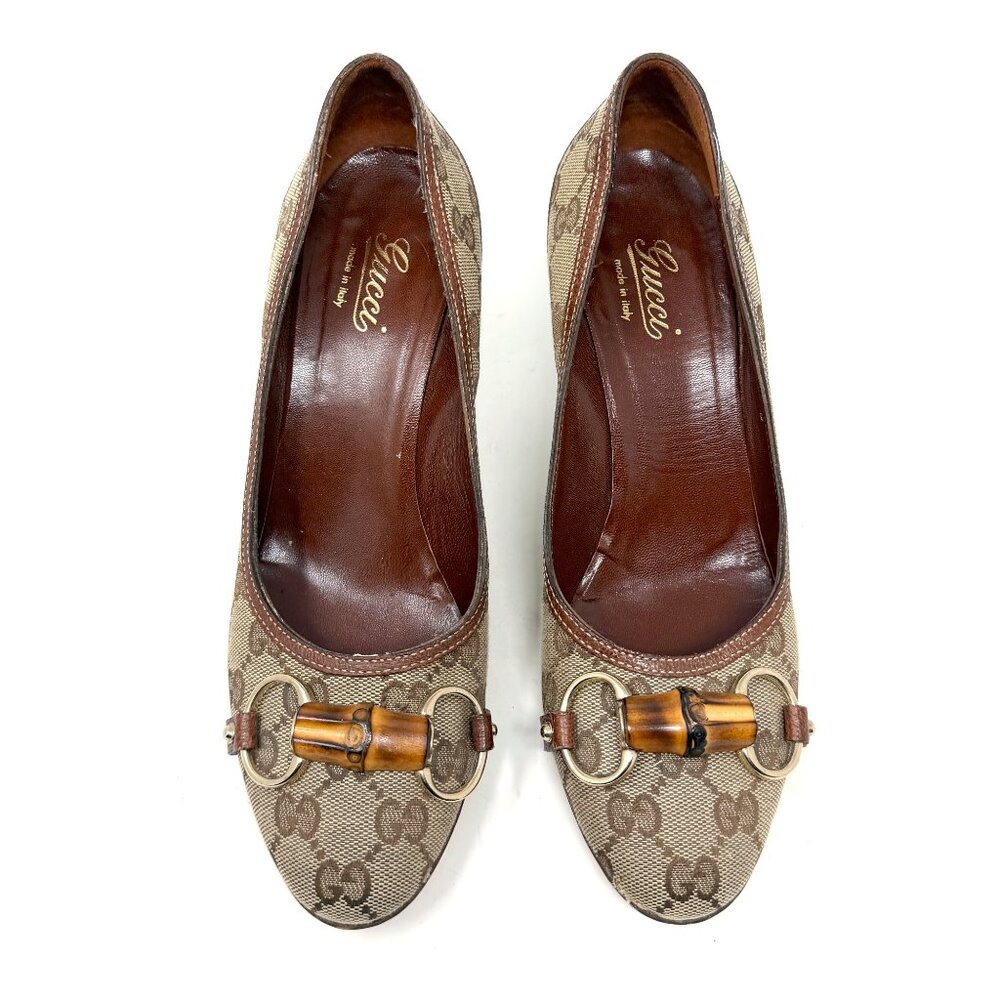 Gucci Monogram Brown Canvas Pumps Bamboo Bit Heels Size 8 Classic Designer - Picture 2 of 10